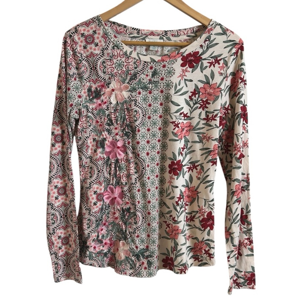 Sundance Anthropologie Embroidered Floral Pink/Green Long Sleeve Cotton Top M